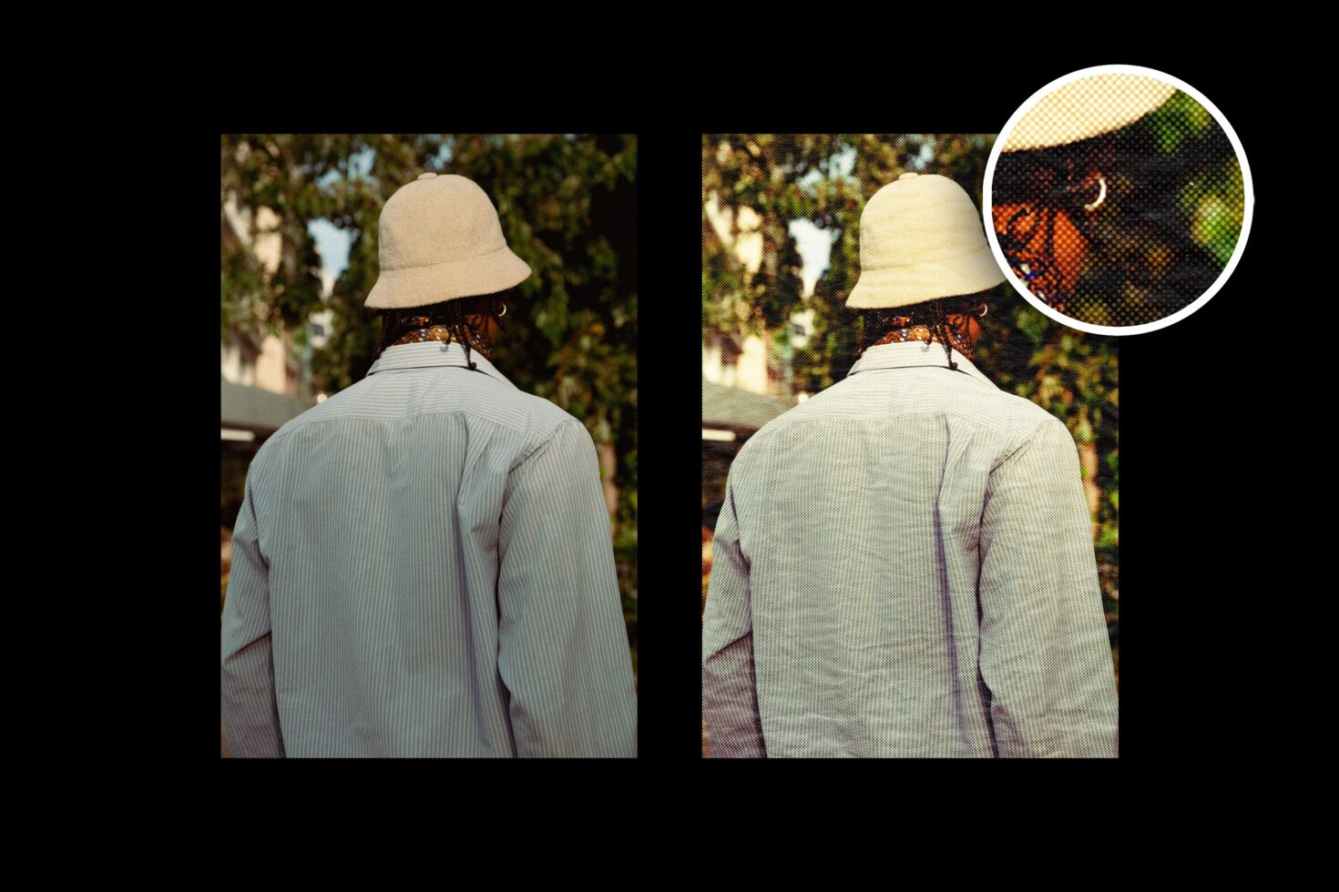 Dual portrait mockup featuring individual in outdoor setting wearing hat and striped shirt, includes zoomed texture detail, ideal for designers, templates.