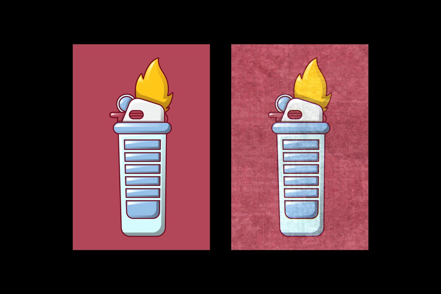 Digital graphic of a cartoon lighter with flame on red backgrounds showcasing texture variations. Ideal for designers seeking unique graphics and templates.