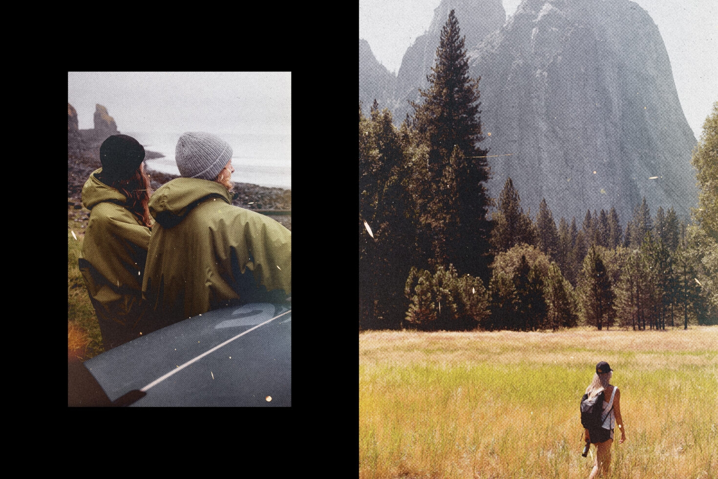 Dual outdoor scenes; two people by a rocky shore in raincoats; a hiker in a field with mountains; lifestyle and adventure stock photography.