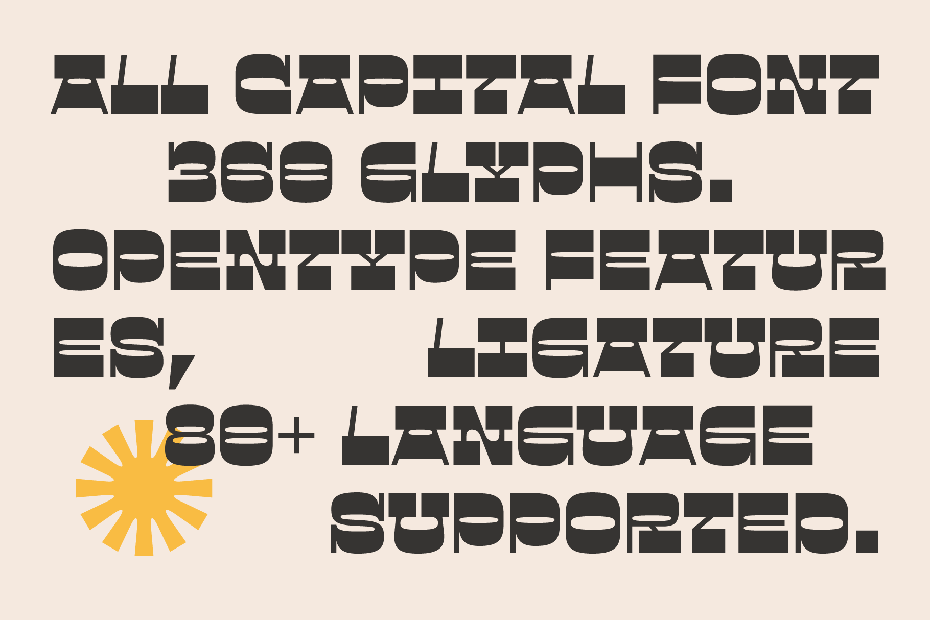 Bold capital font specimen with 300+ glyphs, multilingual characters, yellow sun icon