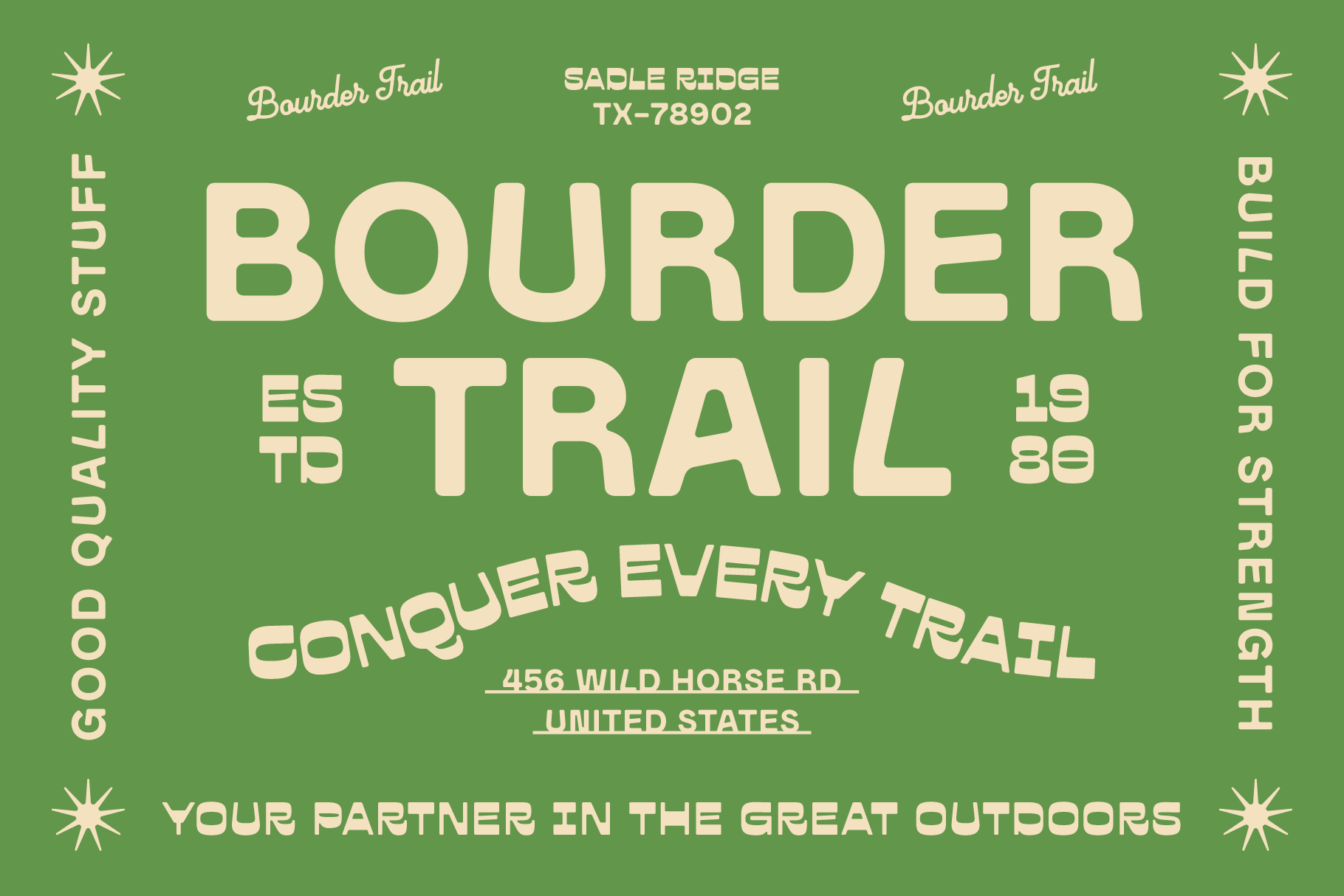 Retro outdoor-themed typography poster with a green background featuring bold, stylized text about conquering trails. Suitable for graphic design.