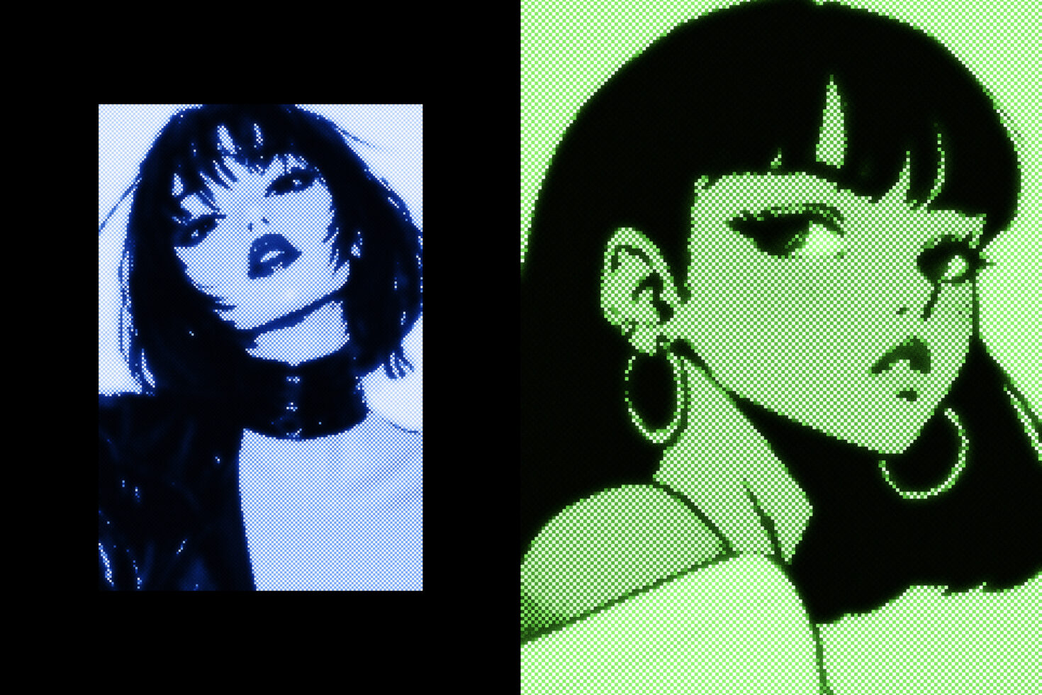 Digital art featuring two stylized women portraits with vibrant blue and green halftone effects. Perfect for graphic design and digital illustrations.
