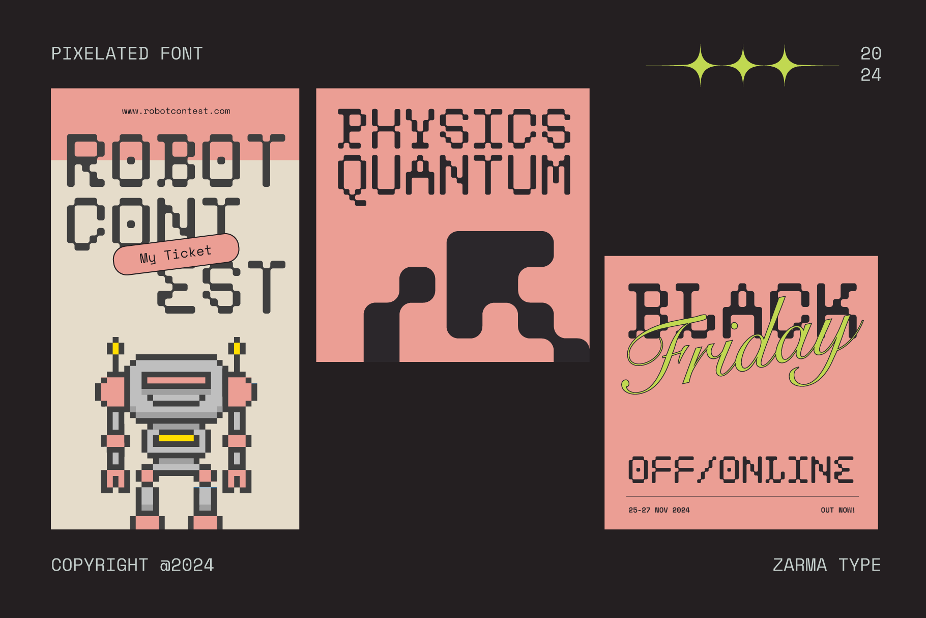 Retro pixel font showcase with robot mascot, physics puzzle poster, Black Friday event promo