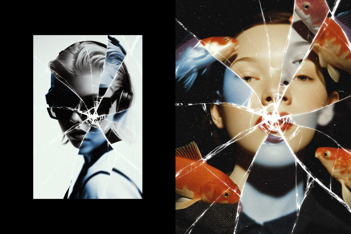 Composite digital artwork featuring two shattered glass portraits one with sunglasses another with fish for graphic design projects and creative templates.