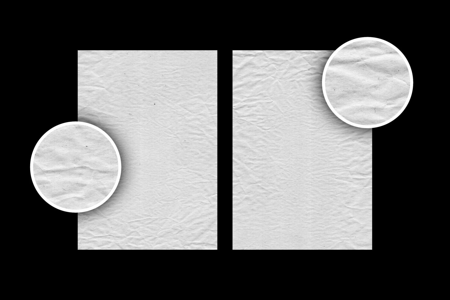 Wrinkled paper texture mockup featuring two rectangular sheets and detailed circular insets on black background suitable for graphic designers projects.