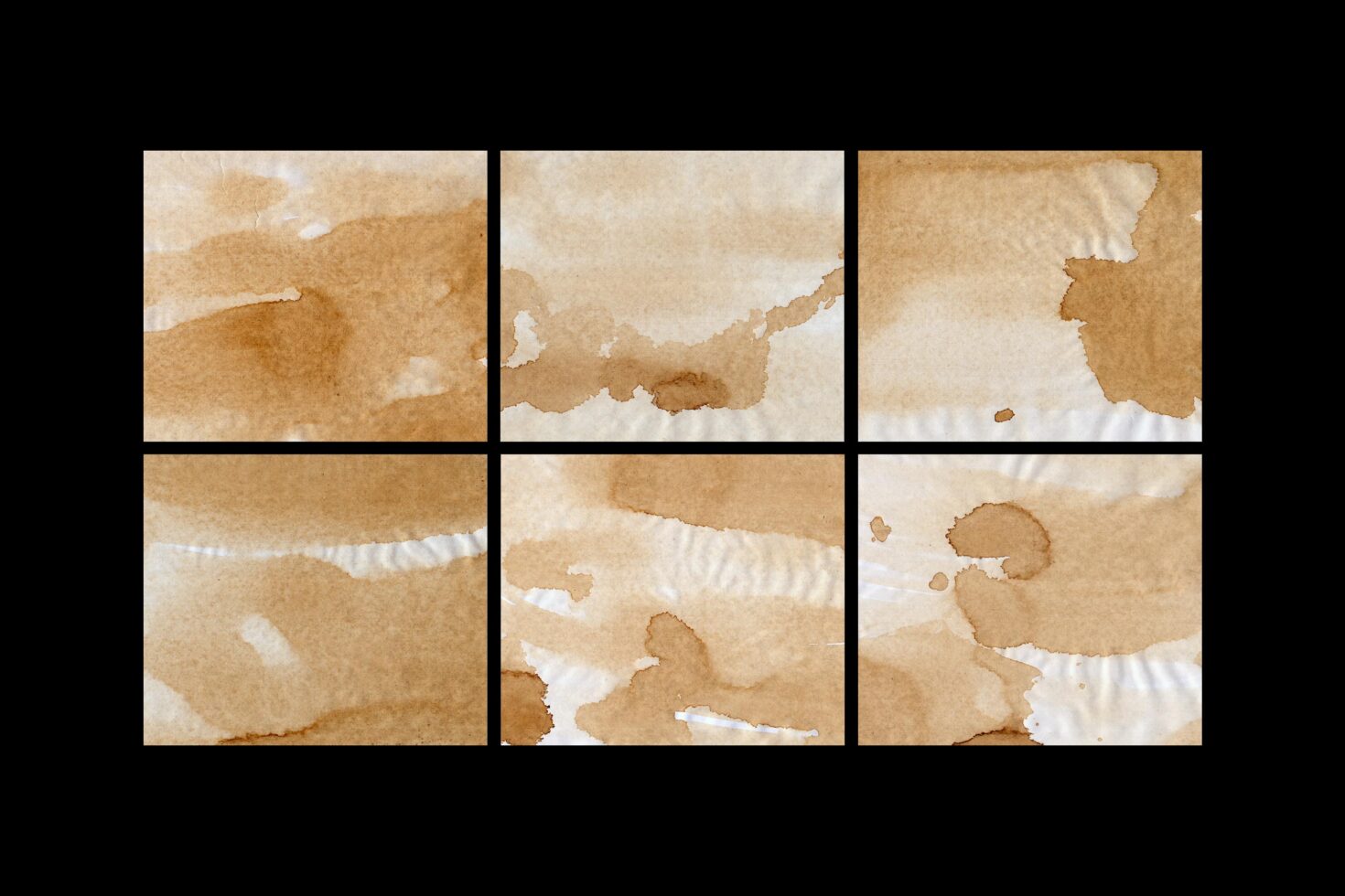 Set of six brown watercolor stains on paper texture backgrounds with abstract patterns. Perfect for graphic designs, templates, and digital art projects.