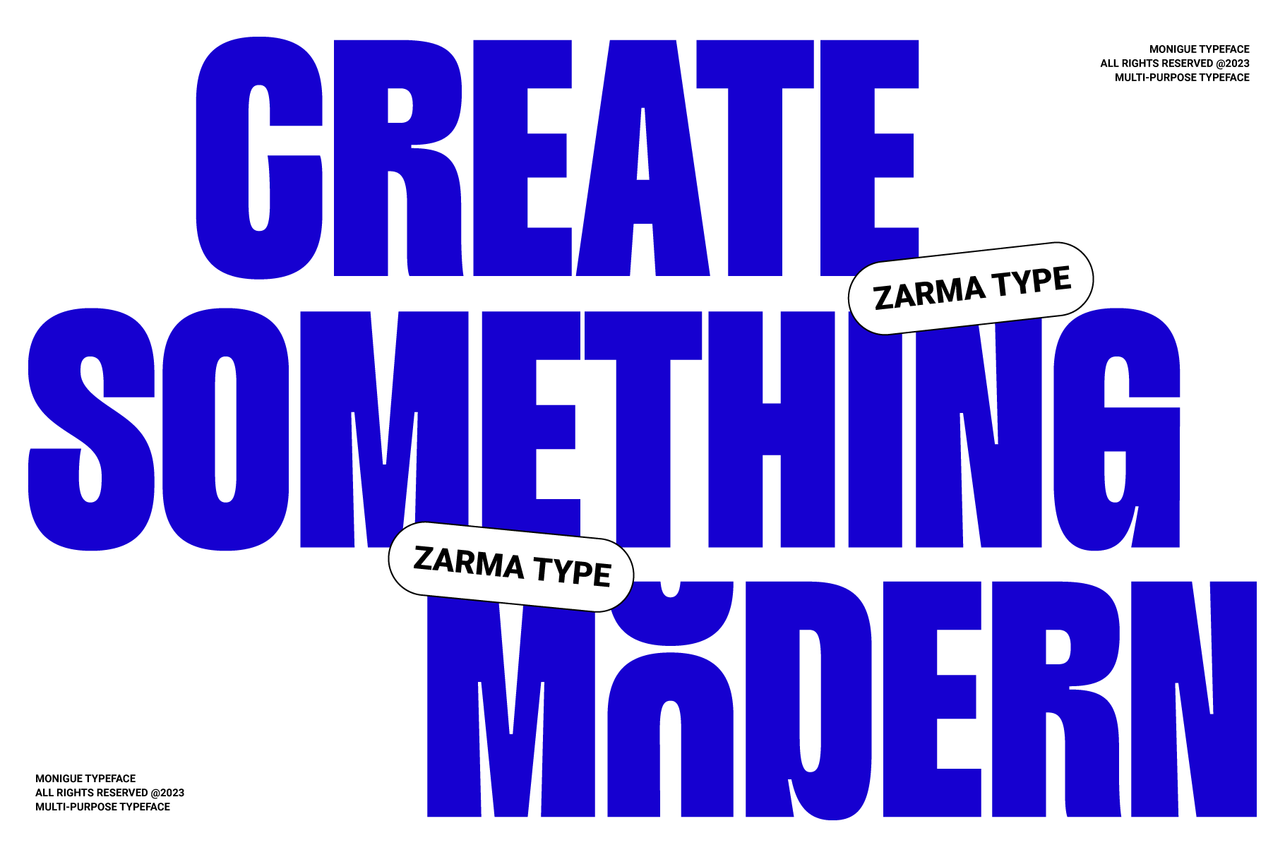Bold blue text design showcasing Create Something Modern with Zarma font. Perfect for graphic designers seeking innovative typography in projects.