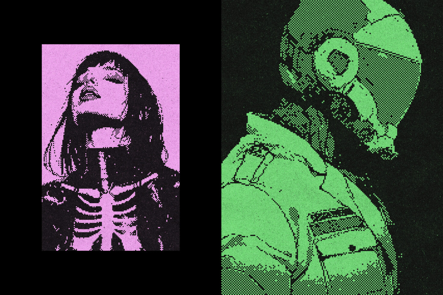 Pixel art illustration with sci-fi theme featuring a woman in skeleton attire on pink and a futuristic soldier on green. Perfect for graphic design projects.