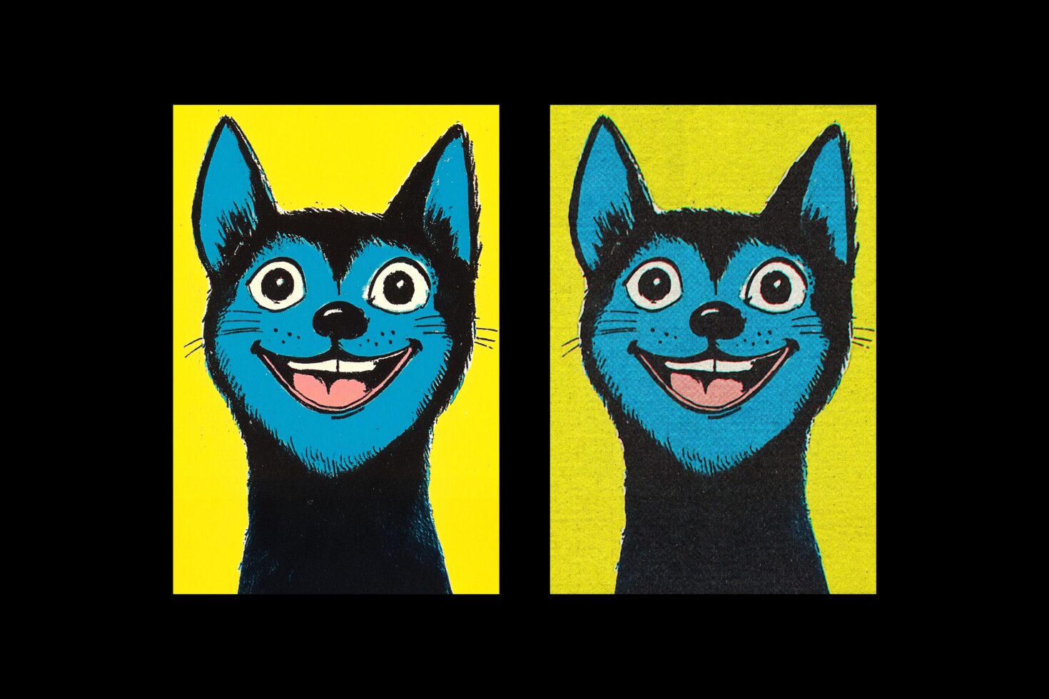 Two vibrant blue cats with wide eyes and smiling faces on a bright yellow background. Cartoon style illustration perfect for graphic design projects.