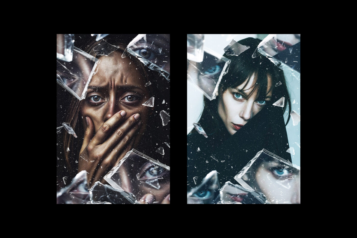Surreal graphic template featuring two portraits with shattered glass overlay highlighting emotions and expressions ideal for creative design projects mockups.
