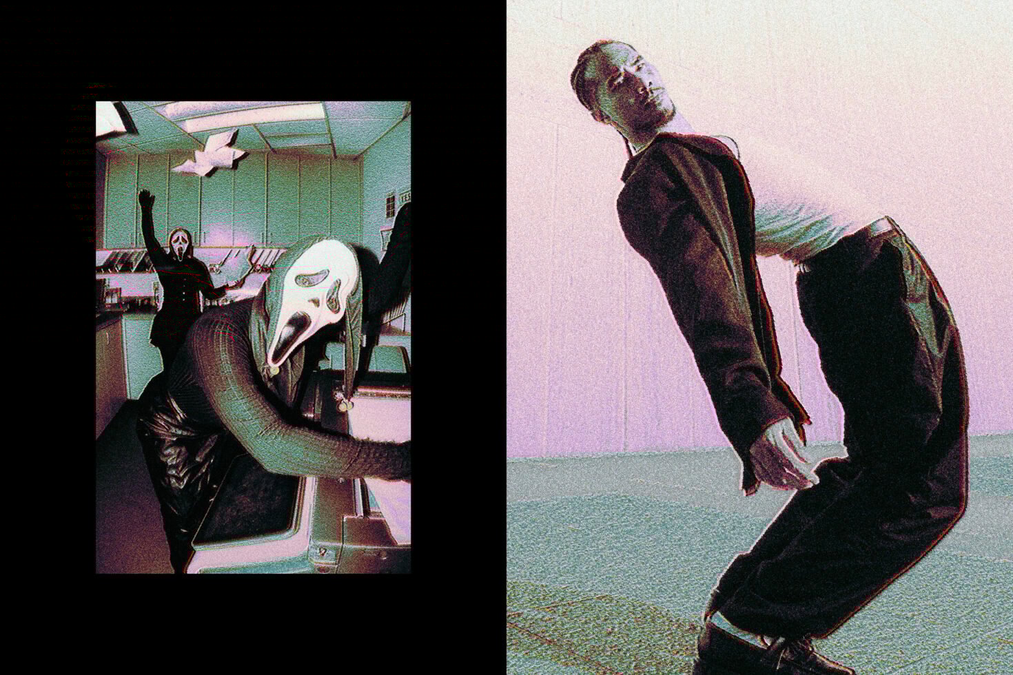 Split image with masked figures in an office setting on the left and a man leaning back in a suit on the right. Ideal for graphic design mockups.