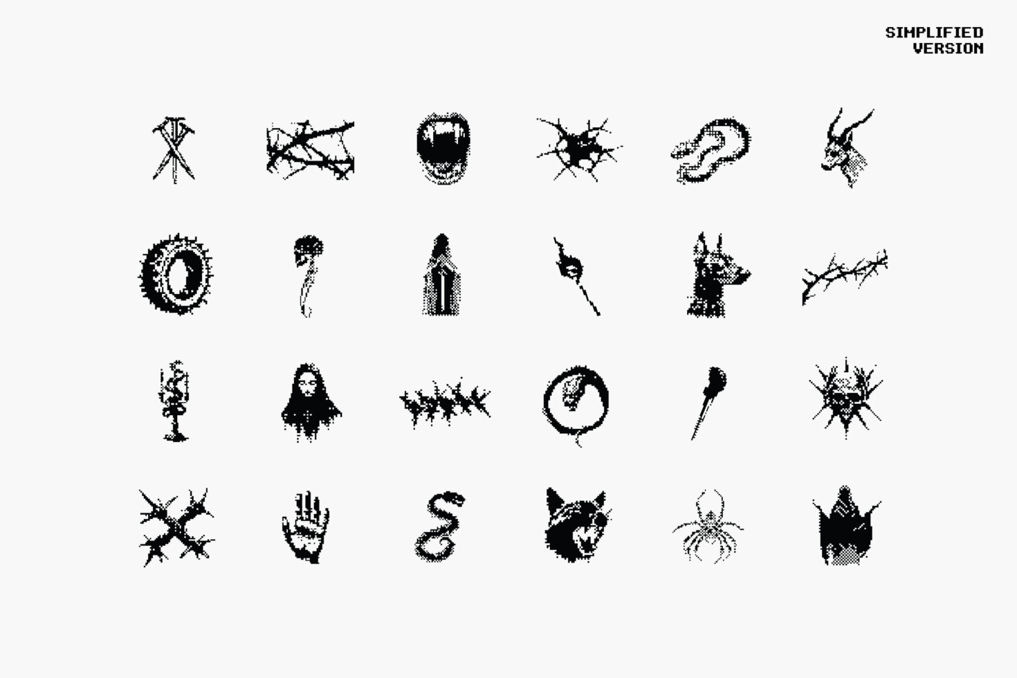 Black and white tattoo-style icon set featuring animals and abstract shapes ideal for graphic design projects and templates. Vintage aesthetic designs.