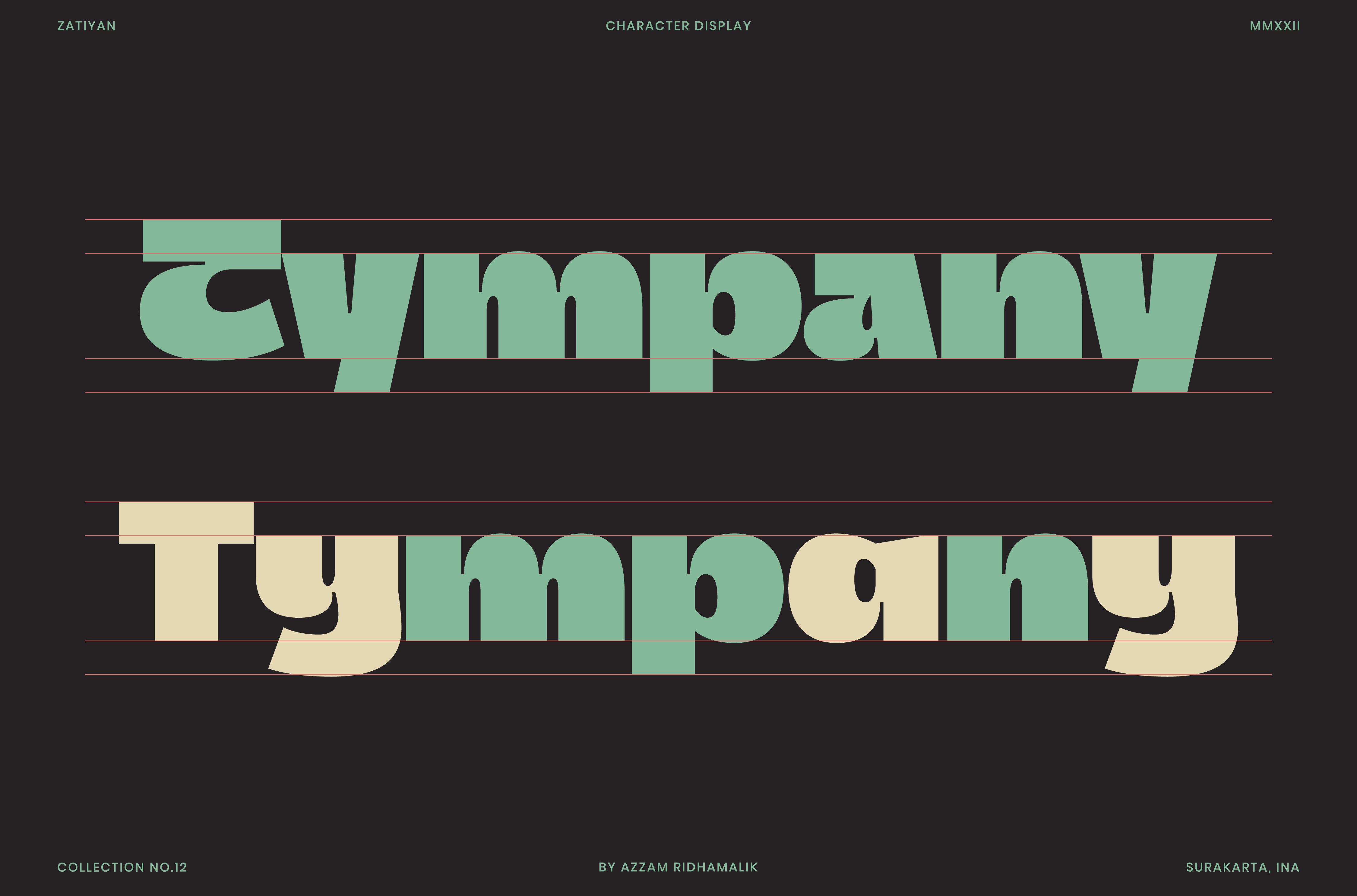 Bold display font Tympany on dark background. Vintage style lettering in green and cream colors. Perfect typography asset for graphic design projects.