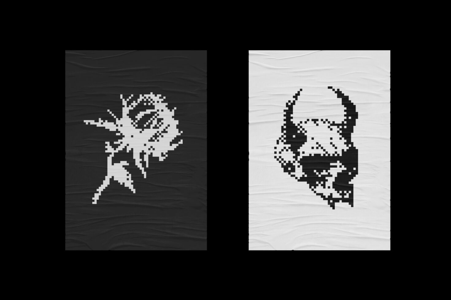 Pixel art posters with floral and skull designs in black and white textured background. Perfect for graphic design, templates, digital assets, mockups.
