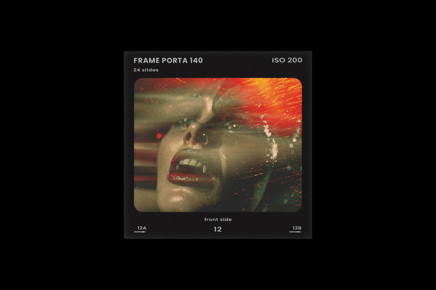 Grainy film frame with vibrant colors and distressed effects portrays expressive face with intense emotion ideal for retro graphic design mockups.