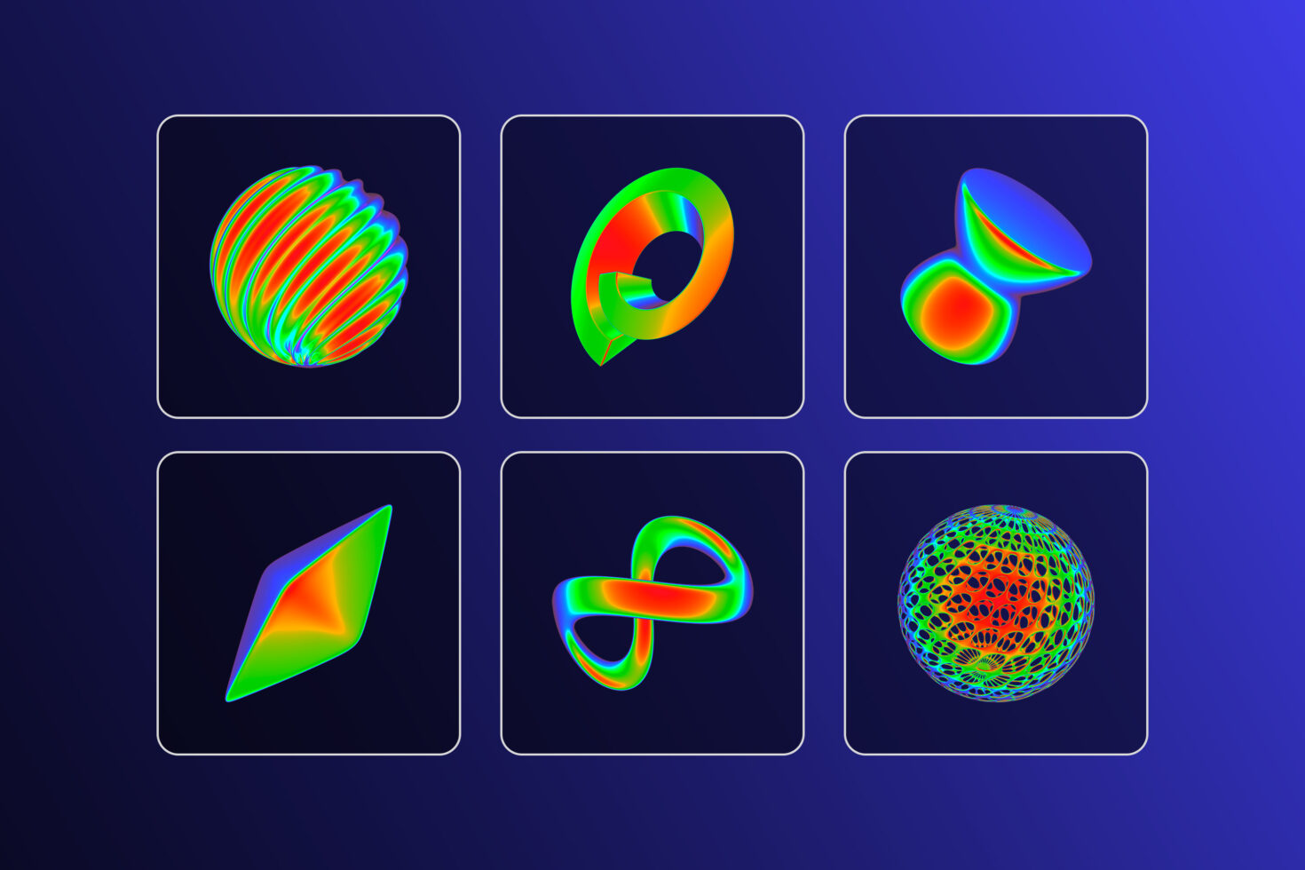 Colorful abstract 3D shapes collection on blue background. Use for graphic design, digital art, templates, and mockups. Trippy modern visual elements.