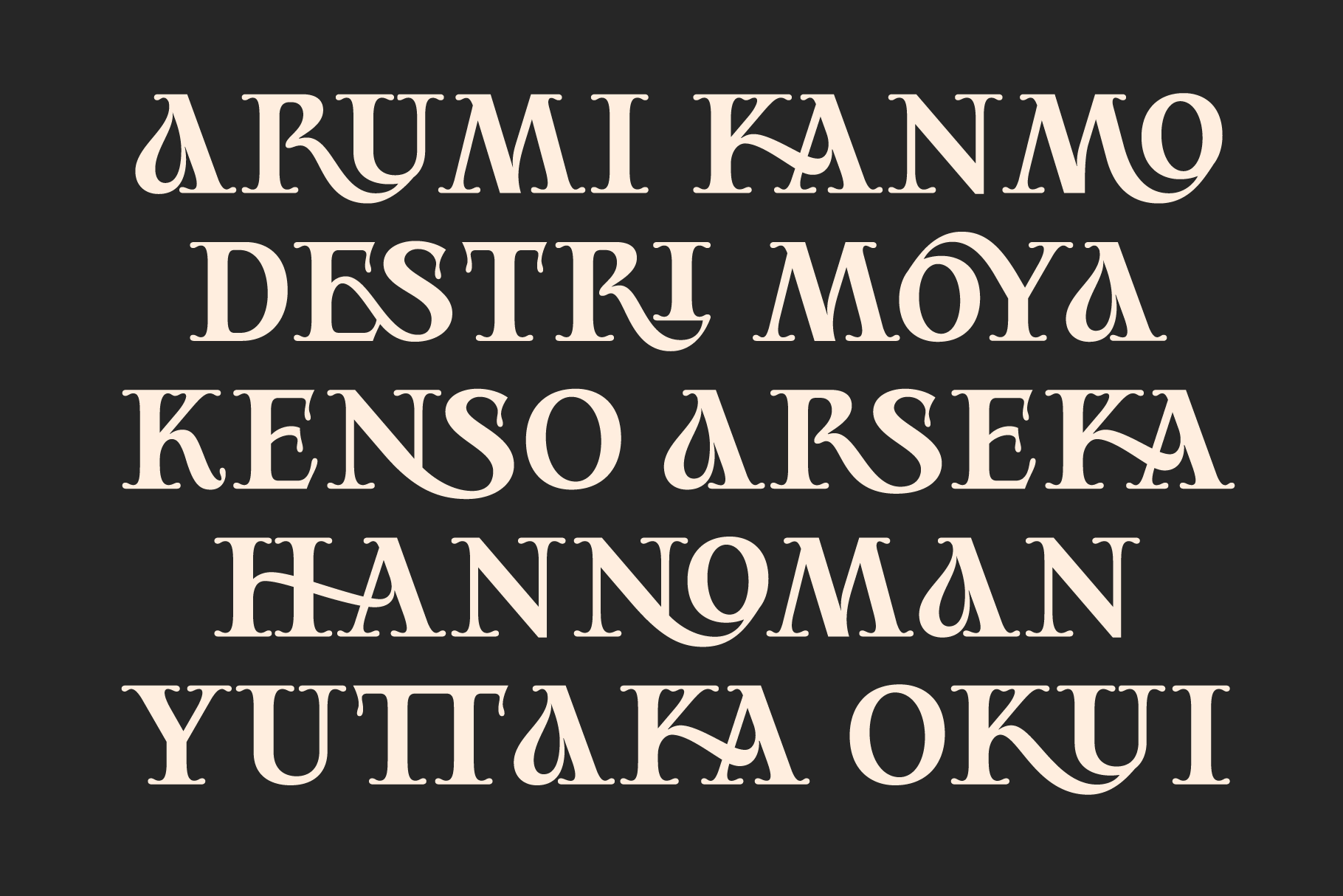 Elegant serif font showcasing artistic and stylized letterforms in creamy beige on dark background. Perfect for designers seeking unique typography assets.