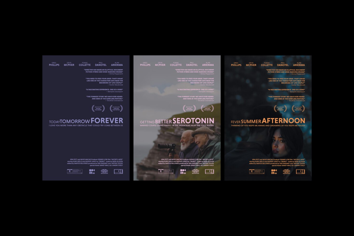 Three movie poster templates showcasing different color palettes and designs for film mockups. Keywords: movie posters, templates, graphic design asset.
