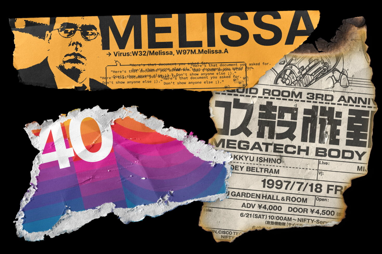 Collage of torn paper design elements with yellow, gradient, Japanese text, event posters