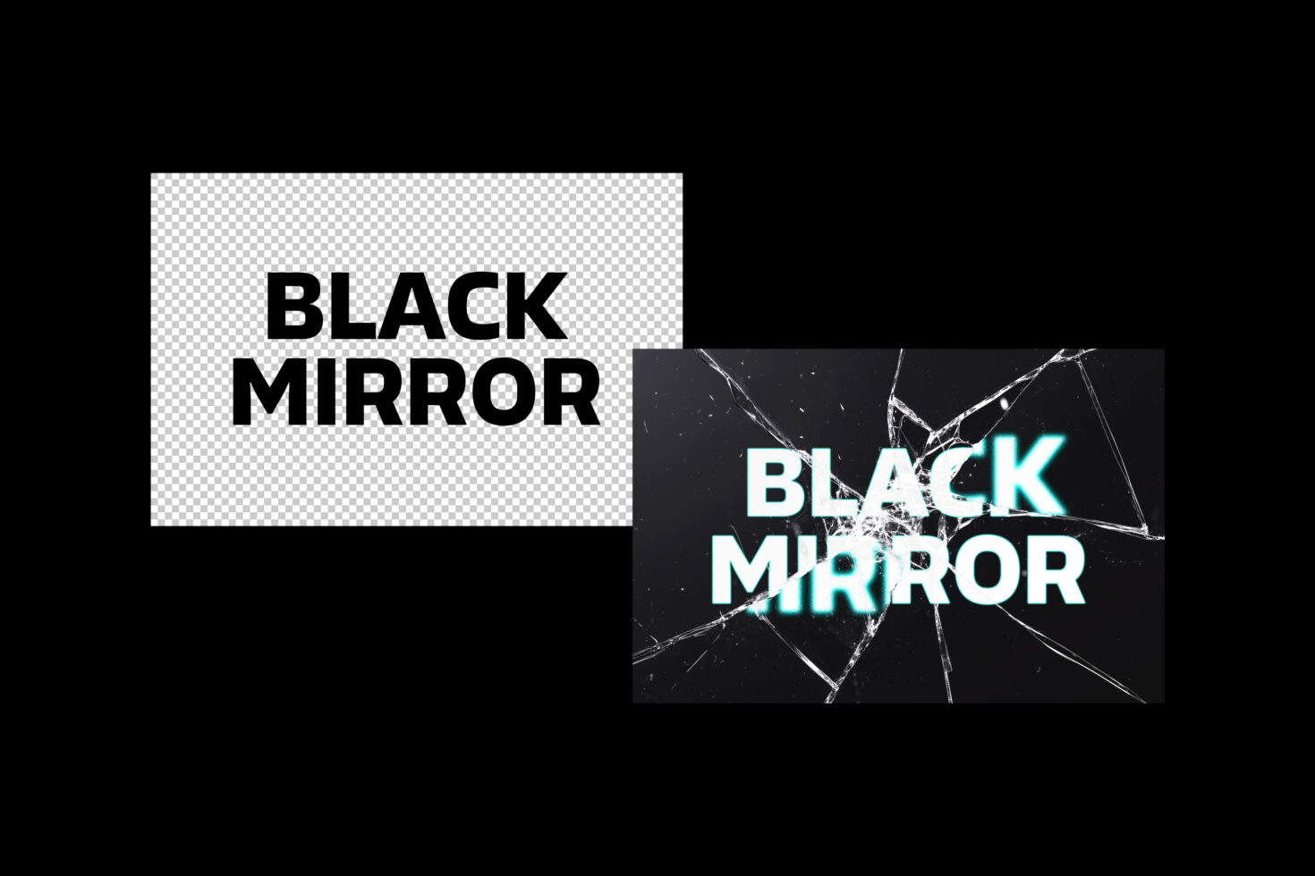 Typeface design showcasing the words black mirror in bold, with one version on a transparent background and another with a cracked glass effect.