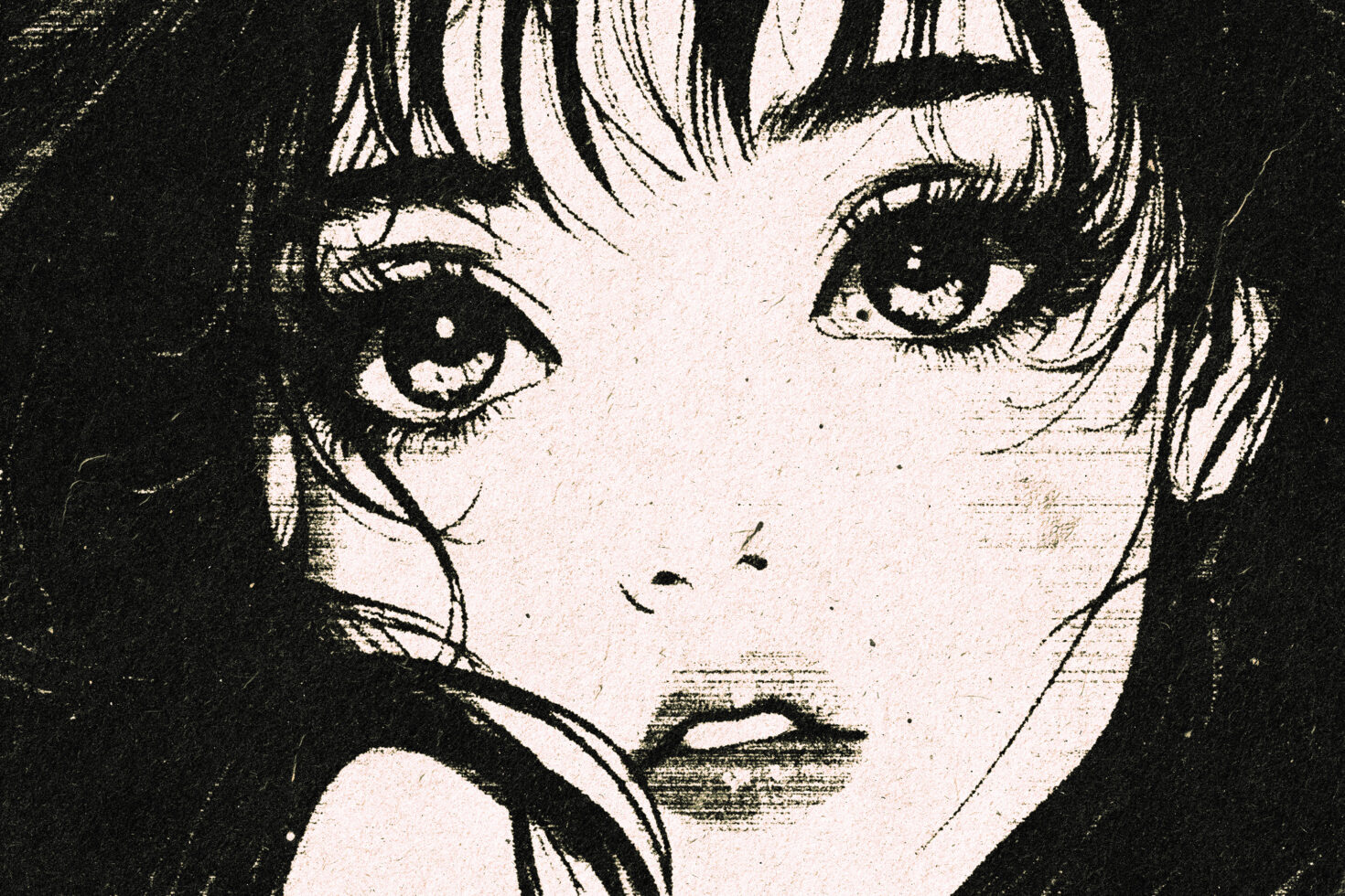 Hand-drawn manga illustration close-up of a woman's face with expressive eyes and textured shading. Ideal for graphic design and illustration projects.