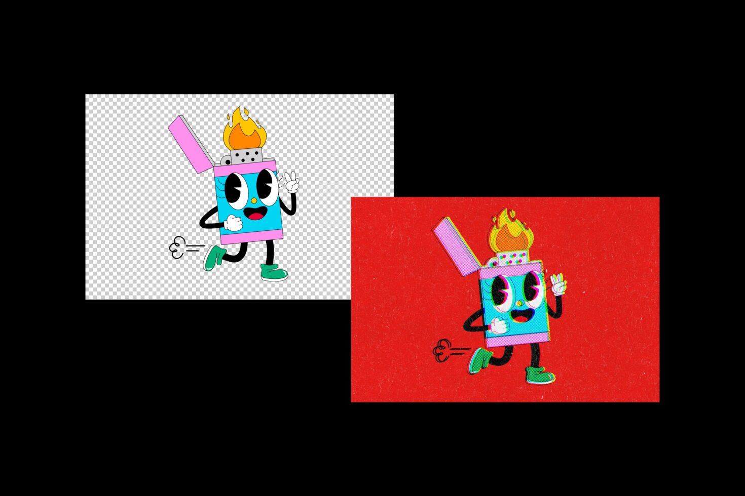 Playful cartoon lighter character running on transparent and red backgrounds. Perfect for graphics and illustrations. Vibrant color palette.