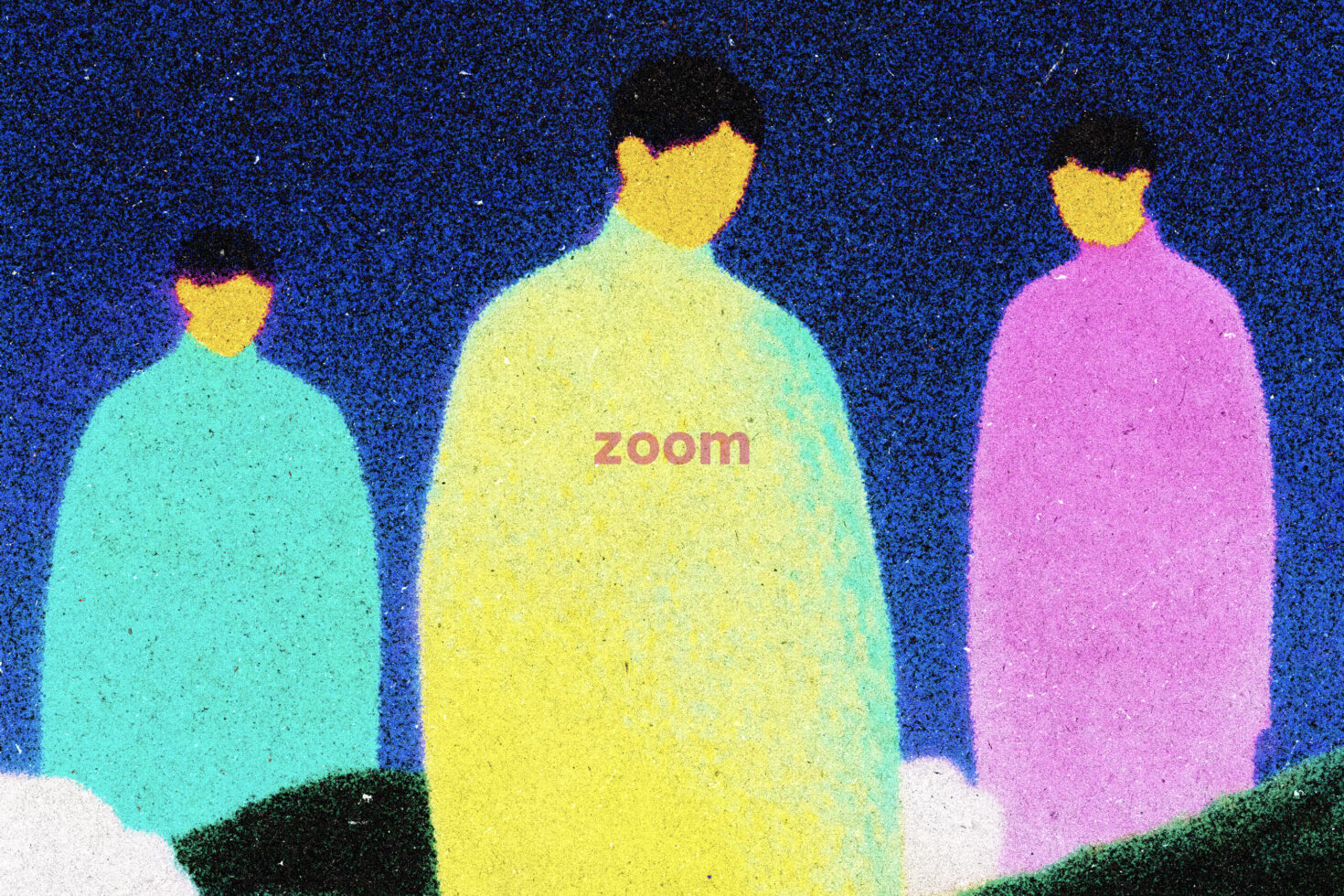 Three minimal figures in colorful coats on bright blue speckled background with zoom text overlay