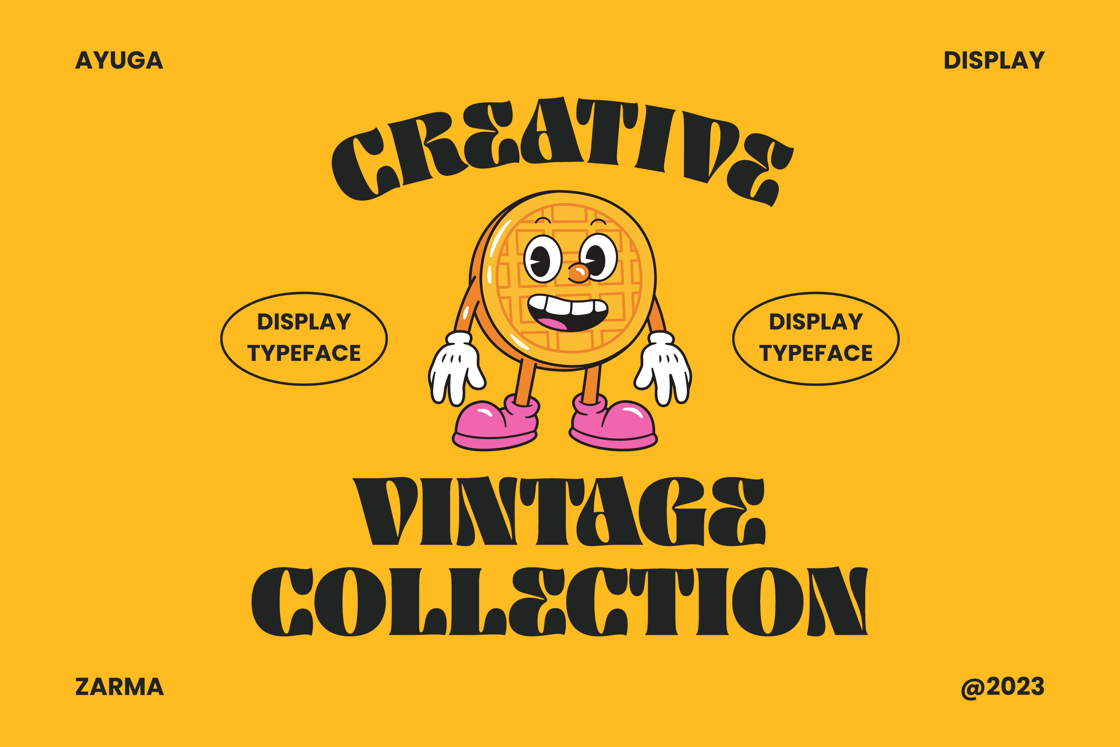 Creative vintage collection poster featuring a cartoon waffle character, display typeface with bold retro style, ideal for graphic design projects.