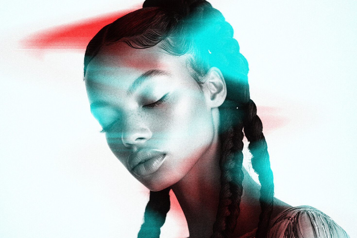 Abstract digital portrait of a woman with braids and vibrant red and teal effects. Suitable for graphic design, art, mockups, and creative templates.