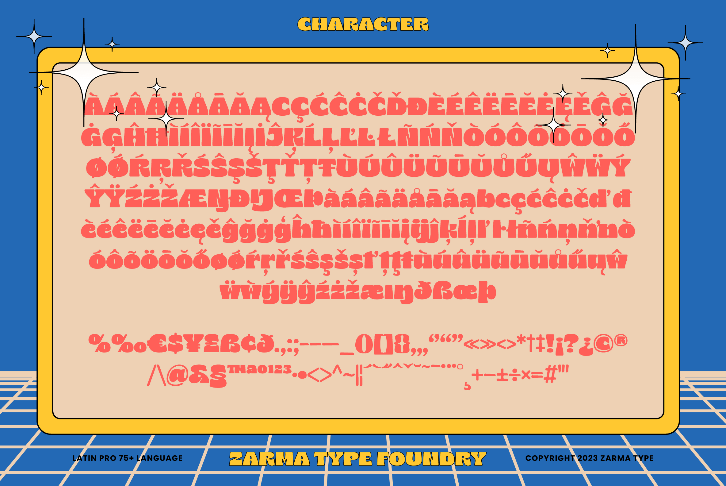 Character set showing full alphabet in bold red letters with accents