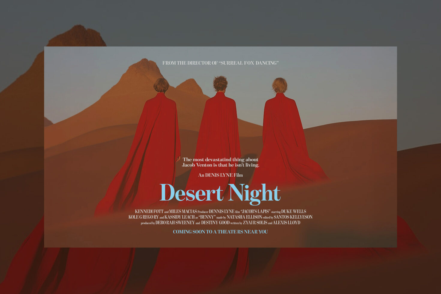 Film poster design featuring three figures in red cloaks standing in a desert landscape under a blue sky. Keywords: poster, design, template, dramatic.