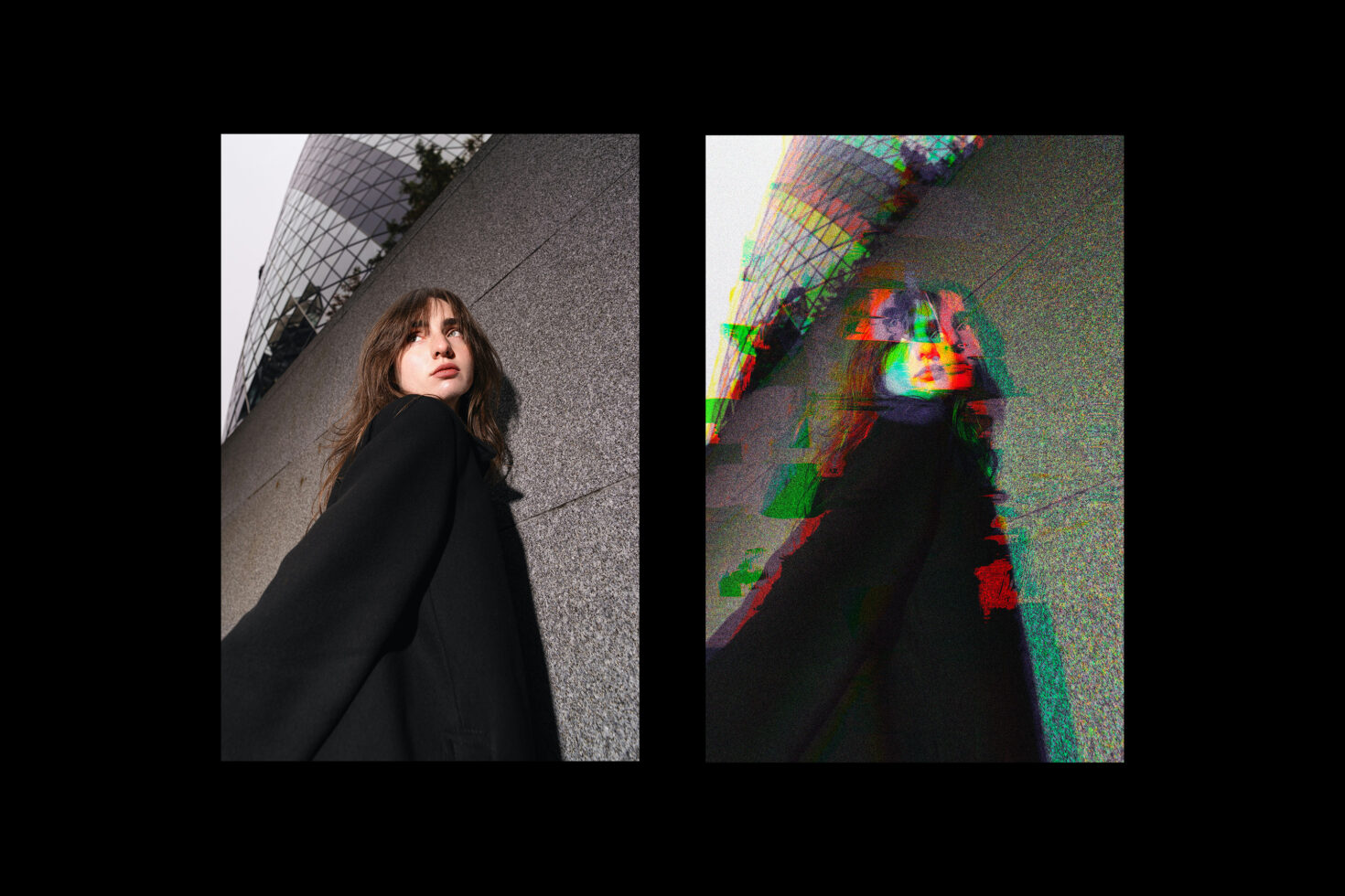 Fashion urban photography diptych with glitch effect showcasing a woman in a black coat, cityscape background; perfect for design projects.