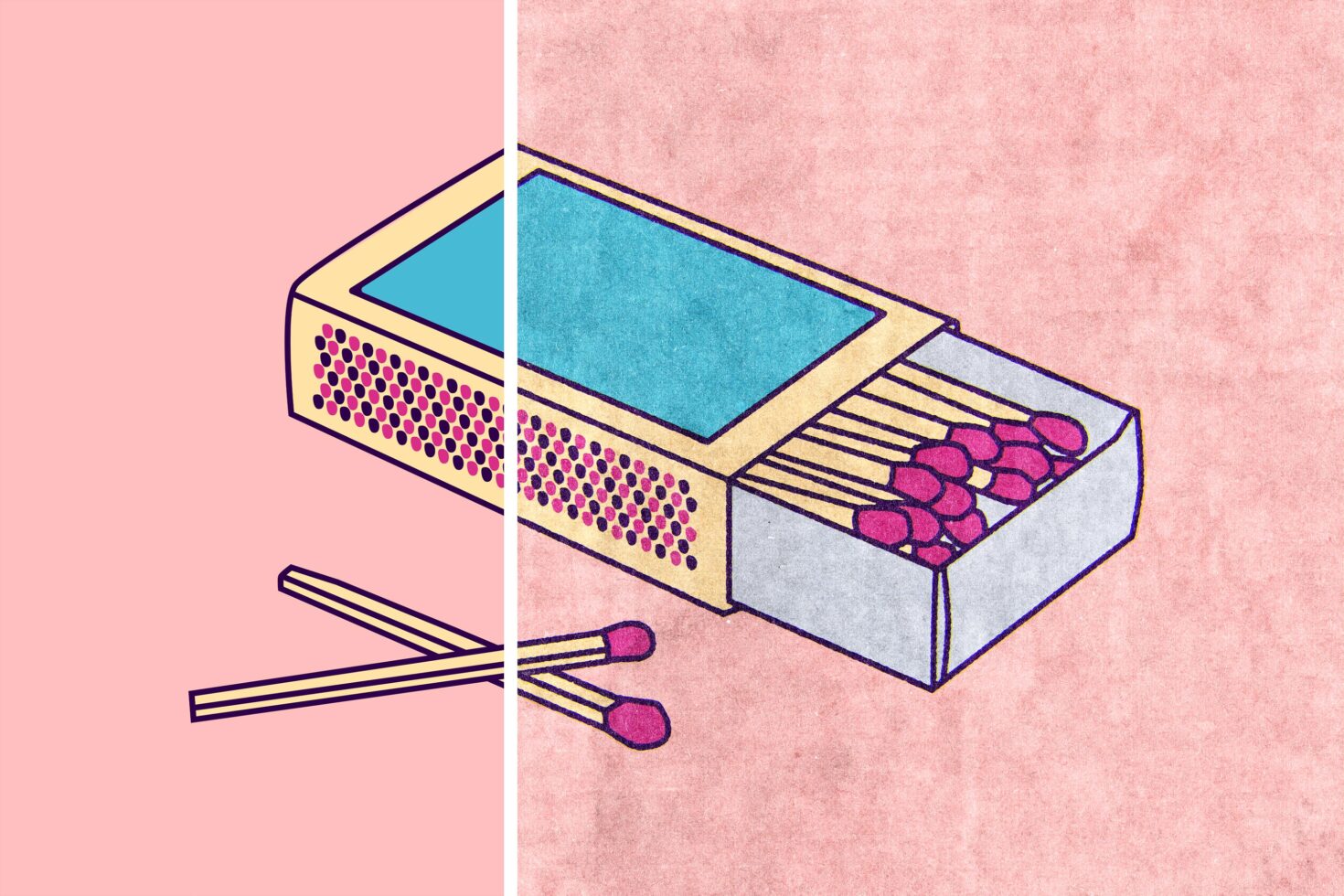Vintage matchbox illustration with matches on textured pink background. Ideal for graphic design projects, print templates, retro style graphics.
