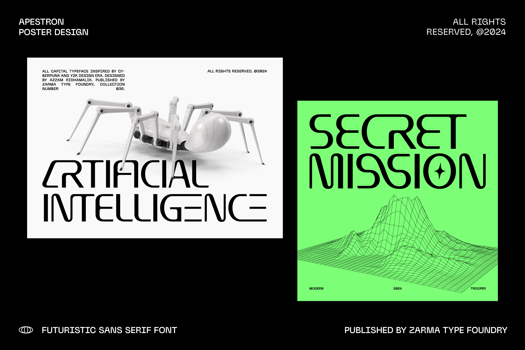 Two poster mockups showing futuristic typography with robot robot graphic