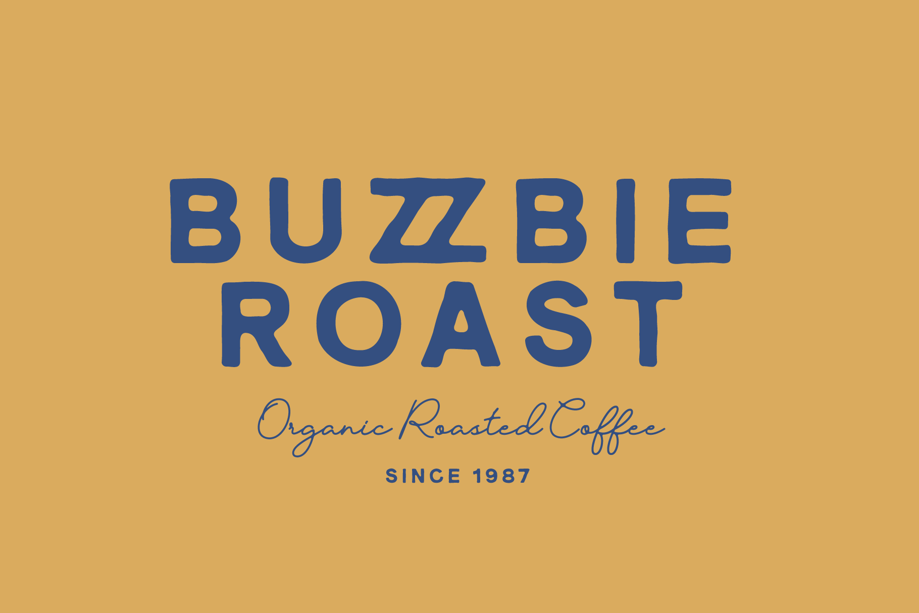 Buzzbie Roast organic coffee brand identity with tagline since 1987