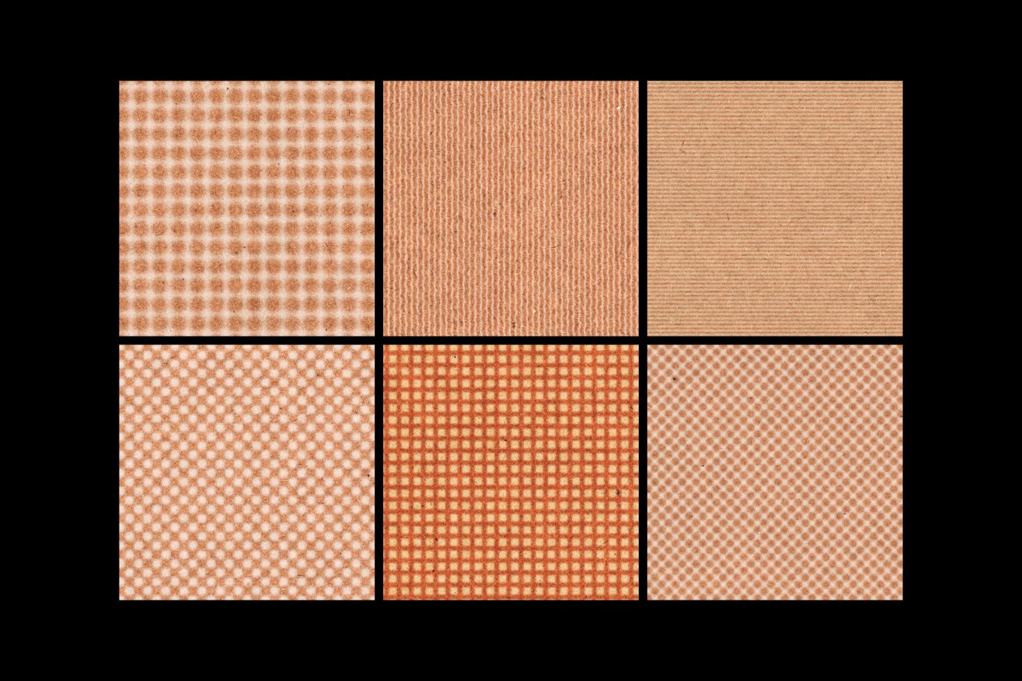 Six seamless textile texture patterns in warm tones featuring checks and stripes ideal for use in mockups templates and graphic design projects.