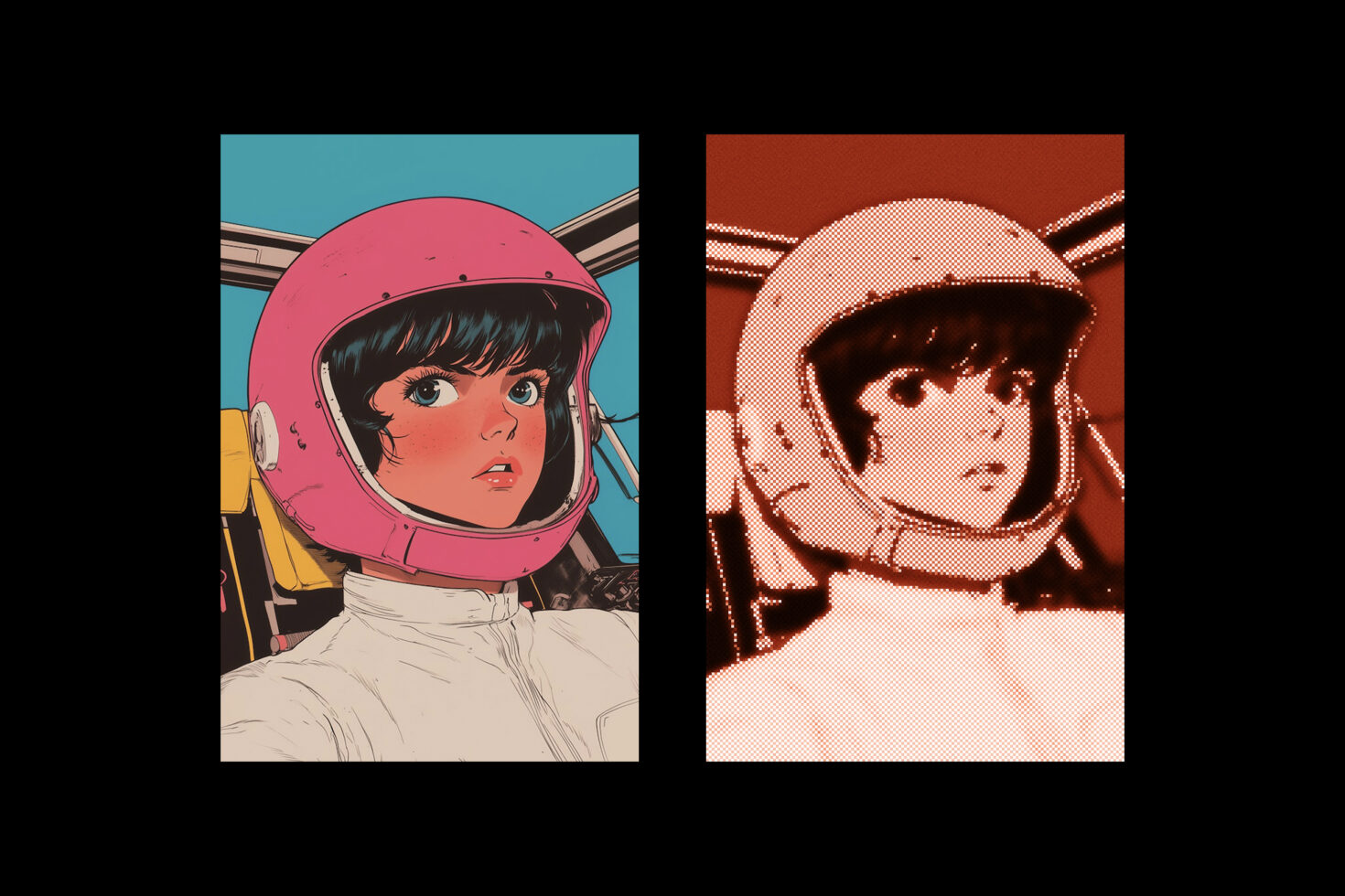 Retro anime illustration featuring a female racer in a pink helmet. Vibrant colors and halftone effect. Suitable for graphics, animation, or design projects.
