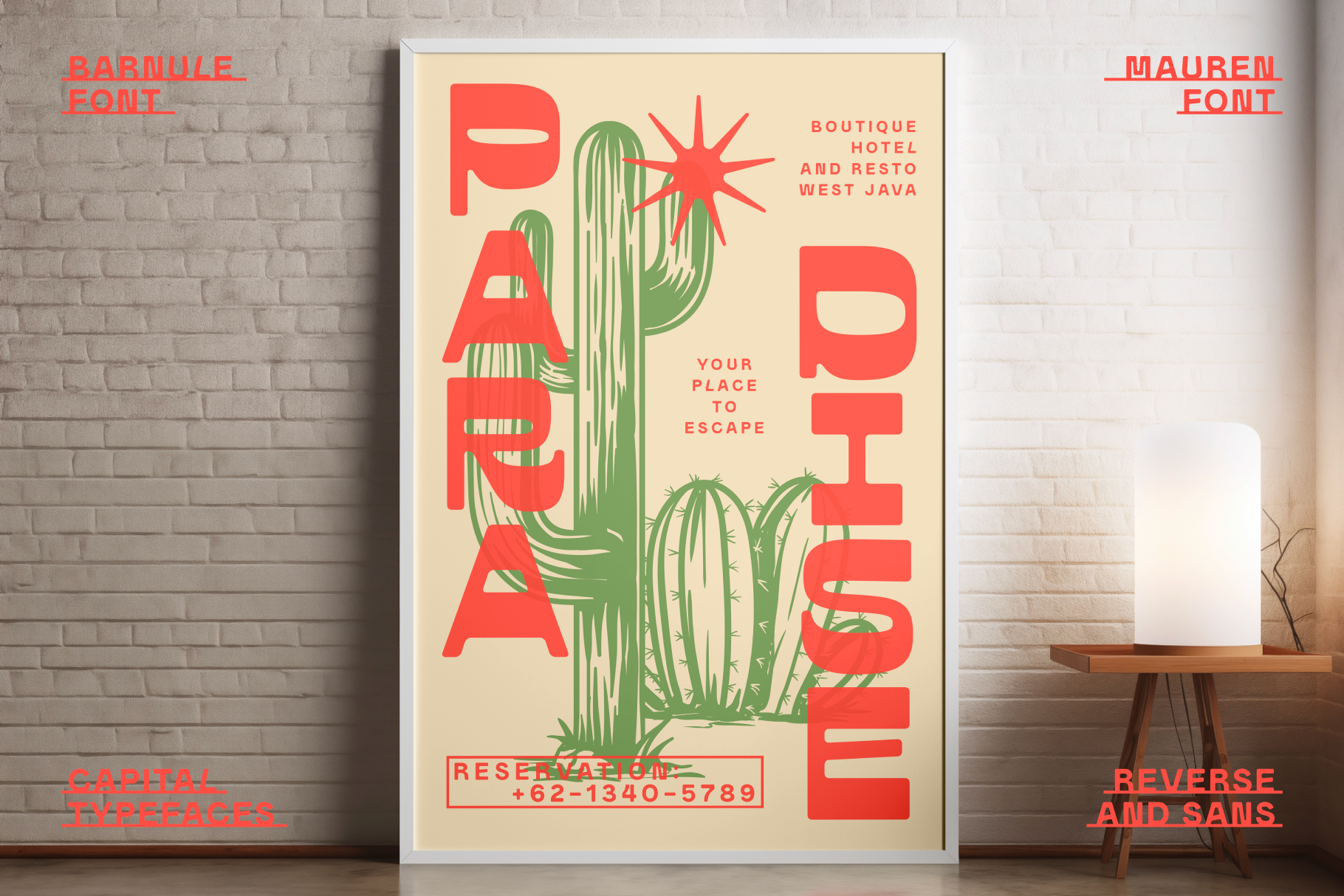 Poster design featuring bold red and green typography with cactus illustration. Keywords: mockup, graphics, poster template, designer asset, SEO.