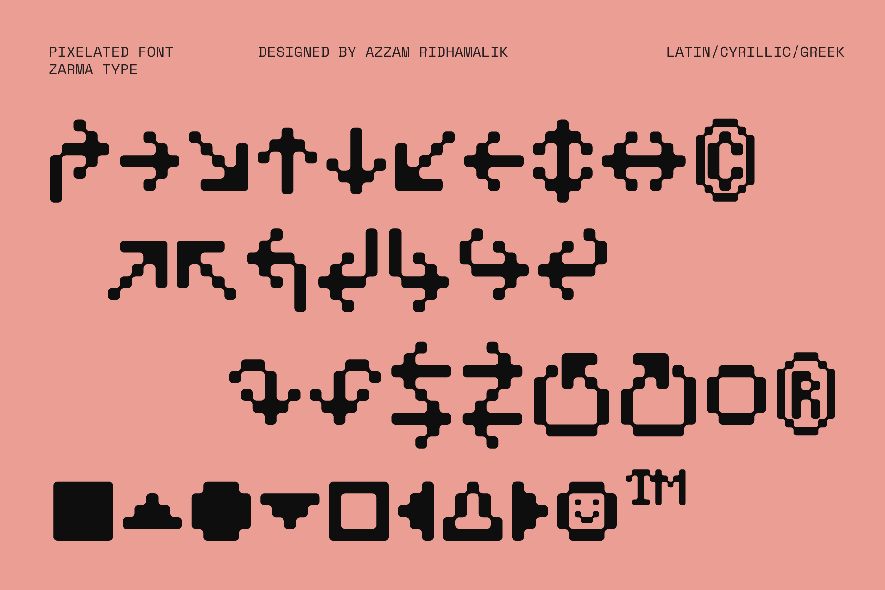 Dingbat symbols, ornaments, smiley face icon showing in pixel font style
