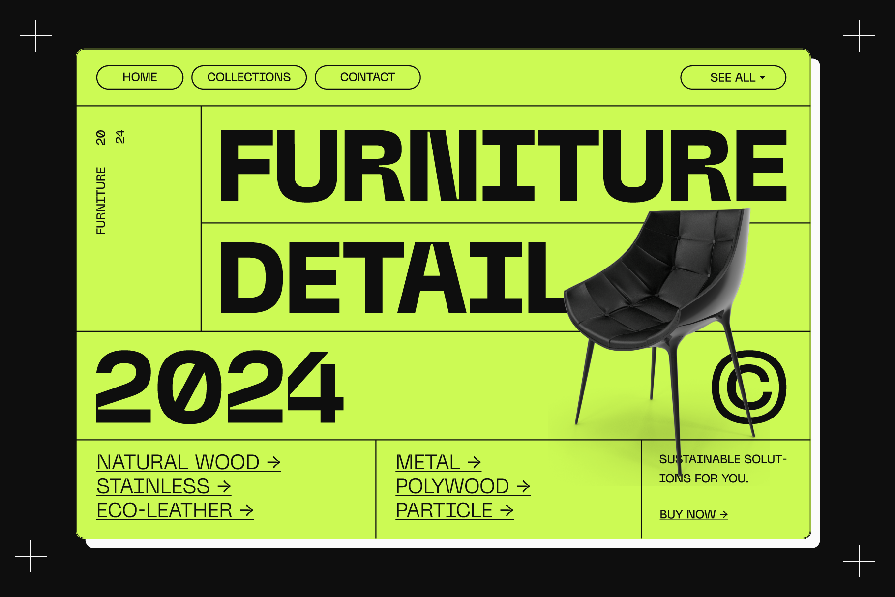 Futuristic furniture mockup 2024 with eco-leather and natural wood materials for sustainable design projects contemporary black chair visual.