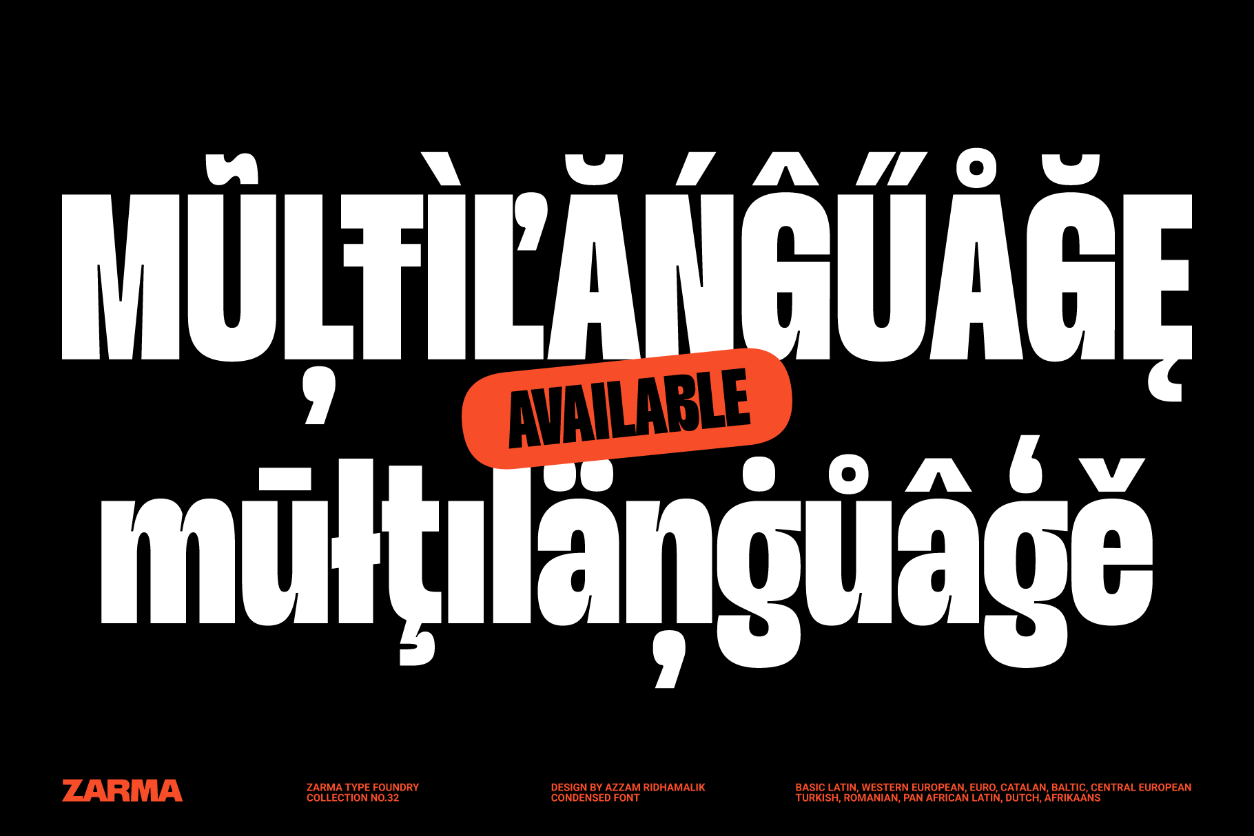 Bold multilingual font design displaying the word multilingual twice in white on black; includes stylistic accents. Marketplace SEO Keywords: Fonts, Typography.