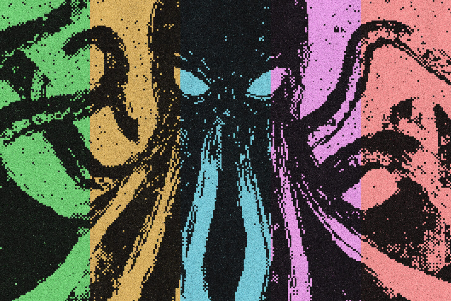 Colorful retro pixel art illustration of an octopus with tentacles spread across four vibrant panels, ideal for graphics and digital design projects.