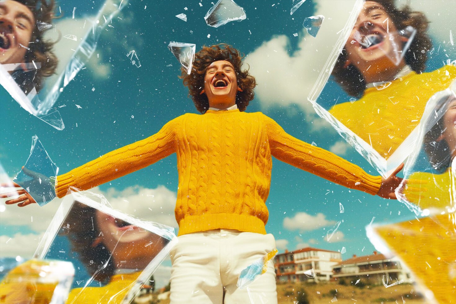 Person in a yellow sweater with outstretched arms, surrounded by broken glass shards under a blue sky. Dynamic and vibrant design, ideal for graphics.