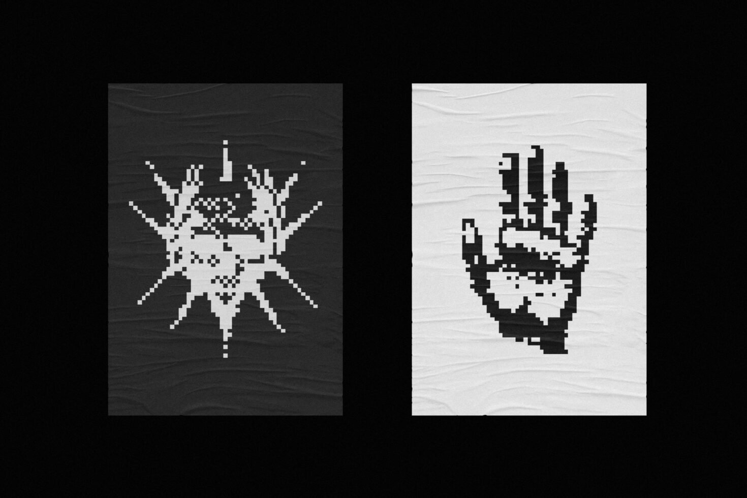 Two abstract black and white pixel art posters featuring geometric designs on textured backgrounds. Ideal for graphic design projects and digital assets.