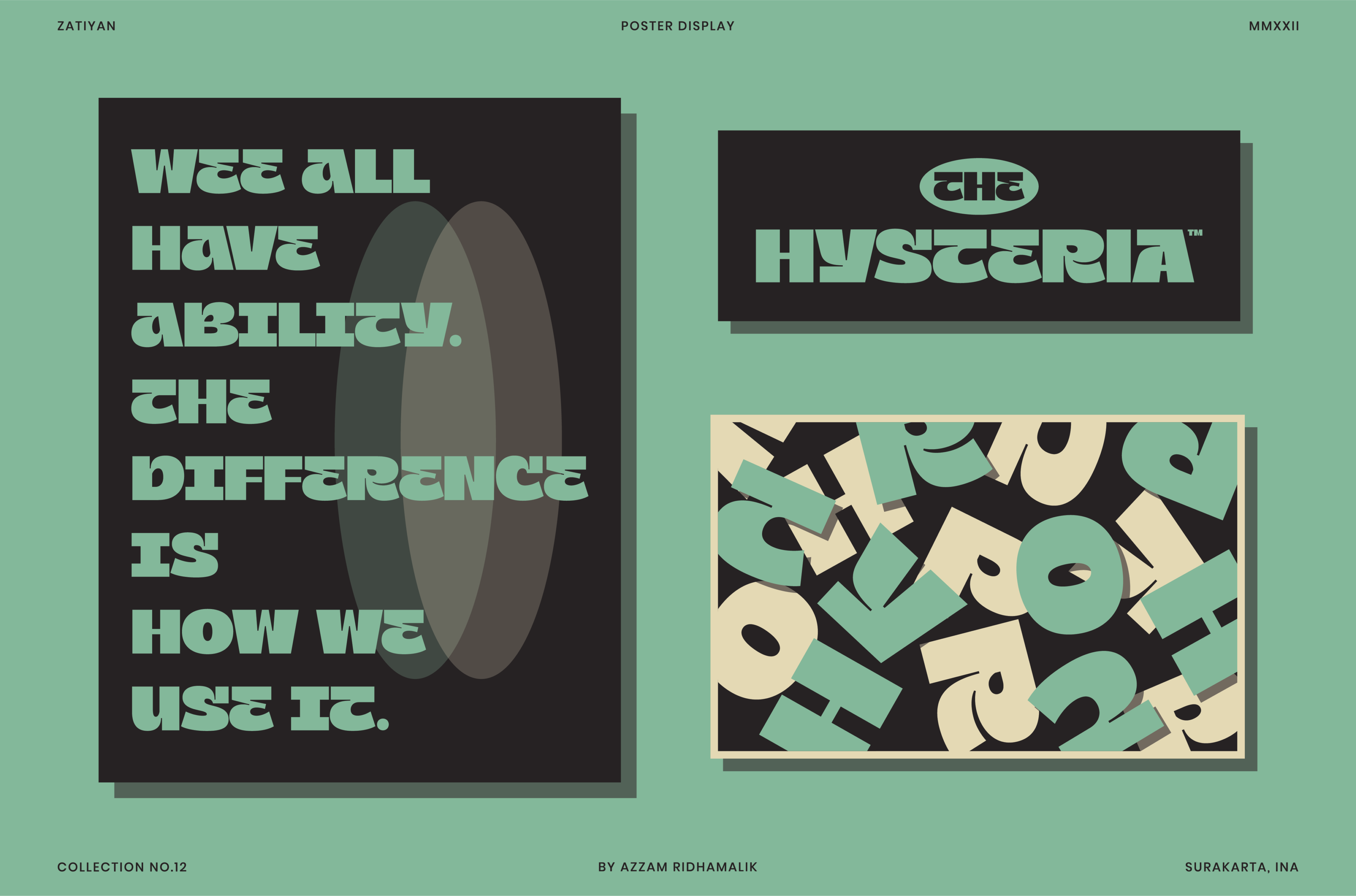Two poster mockups with bold text, brand mark, geometric pattern