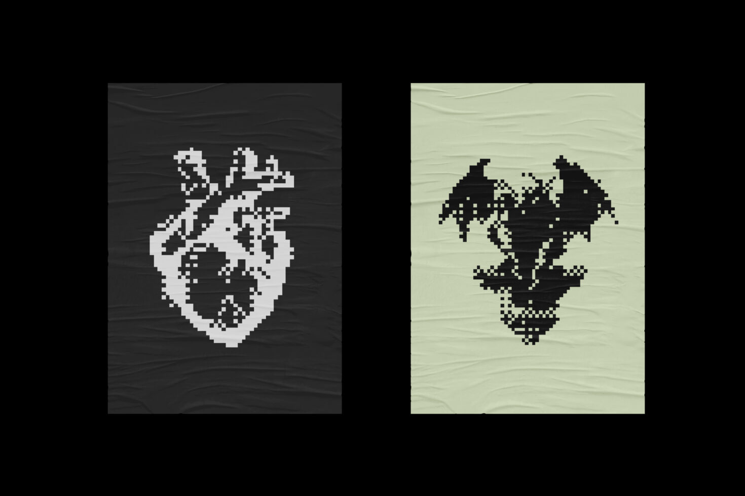 Two pixel art posters featuring a white heart symbol on black and a black dragon symbol on light green Textured background Graphic design asset
