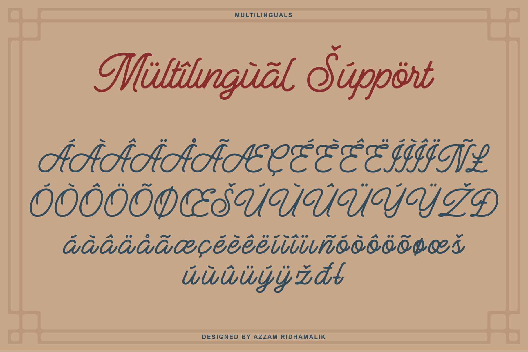 Elegant multilingual font showcasing accented characters in decorative styles perfect for designers. Typeface template with diverse language support.