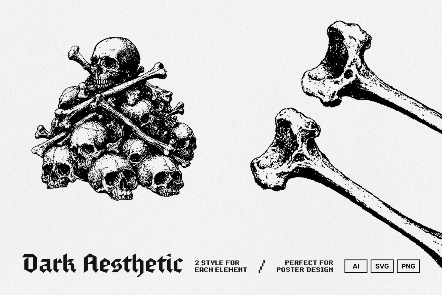 Dark aesthetic graphic of skulls and bones illustration for poster design. Available in AI SVG PNG formats. Perfect for gothic and horror themed projects.
