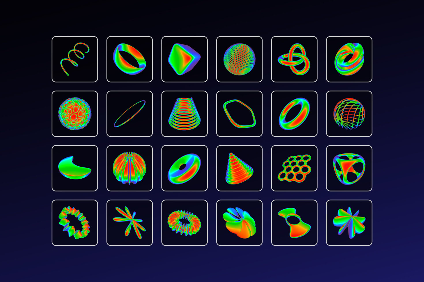 Collection of 24 vibrant 3D abstract shapes in a grid design for digital graphics assets perfect for creative projects mockups and design templates.