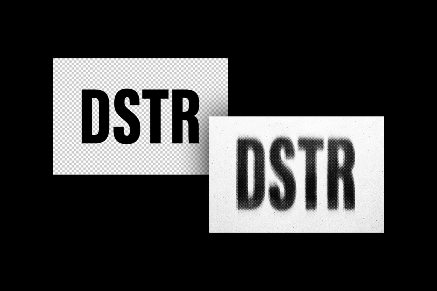 Black DSTR text on a transparent background and blurred stencil style. Suitable for graphics, typography, design projects, mockups, and templates.